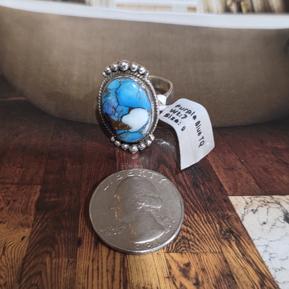 Turquoise Dahia In Sterling Silver Women's Ring~ Size 9 - Picture 11 of 12